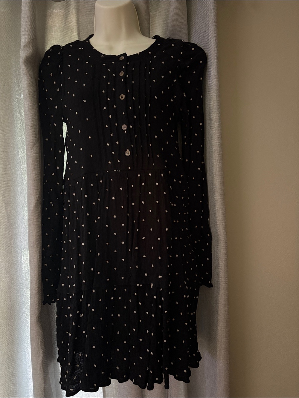 Blu Pepper Black Micro Dot Babydoll Dress M Long Sleeve Pleated Tiered Boho
